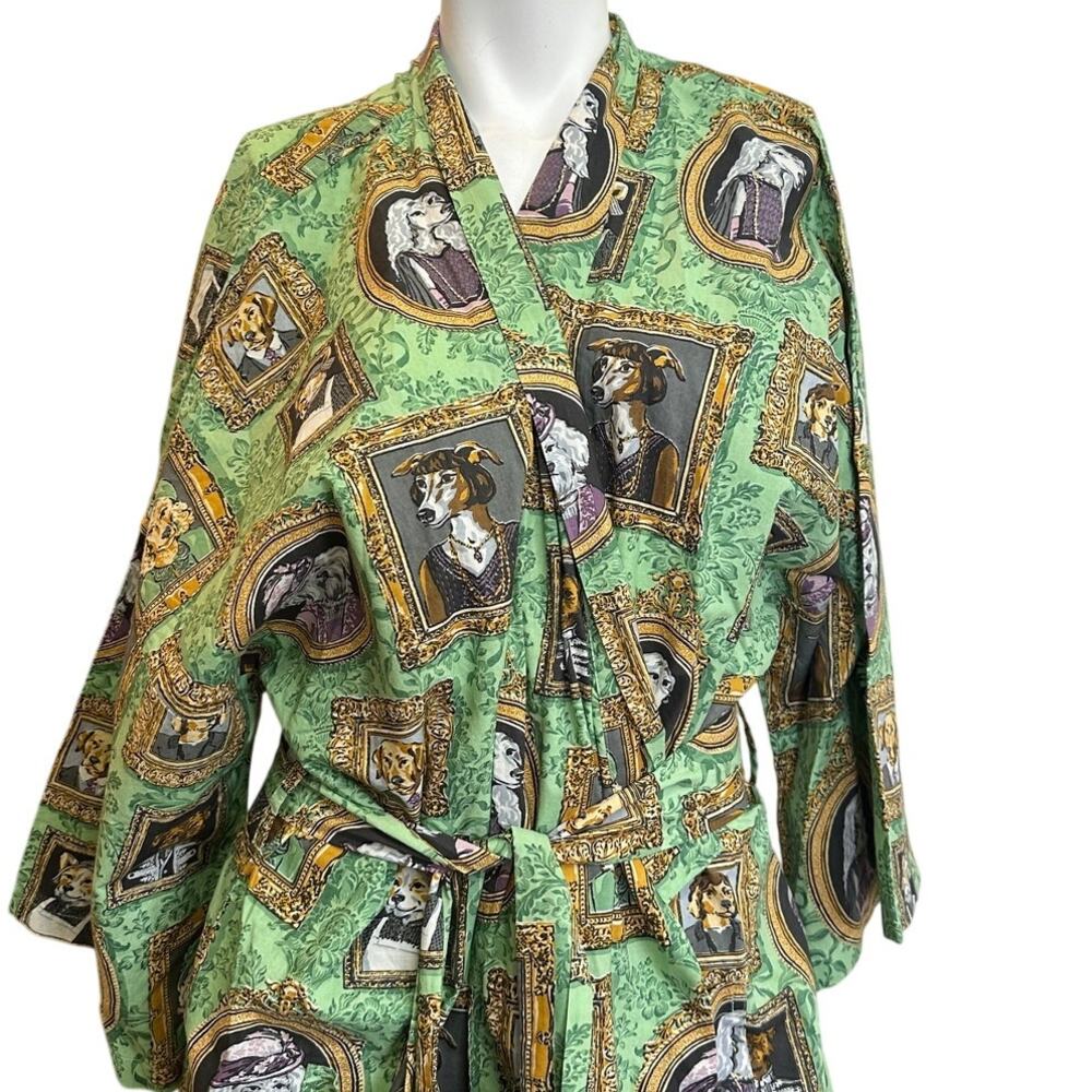 Printfresh Robe L/XL Organic Cotton Dog Print Kimono Green Belted Lounge - Picture 3 of 13